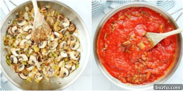 How to make a rich and flavorful vegetable red sauce for meatless lasagna. Vegetable sauce for eggplant lasagna simmering in a skillet.