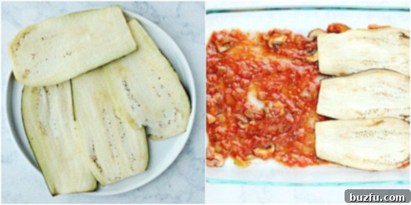 Step 2: Preparing and layering eggplant slices as noodles for lasagna. Layered eggplant slices in a glass baking dish, forming the base of the lasagna.