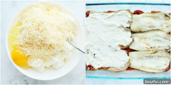 Step 3: Mixing the creamy ricotta filling for vegetarian lasagna. Mixing ricotta cheese, egg, and Parmesan for the creamy lasagna filling.