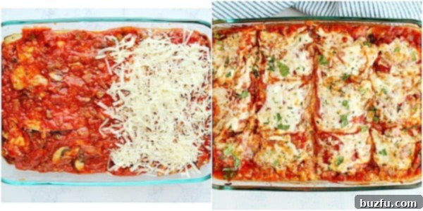 How to layer cheesy, saucy vegetarian lasagna with eggplant noodles. Assembling layers of eggplant, sauce, and cheese in a glass baking dish for lasagna.