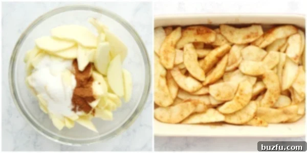 A bowl filled with sliced apples tossed with lemon juice, sugar, and cinnamon, representing the first step of making apple crisp.