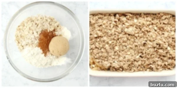 A bowl containing the oat and brown sugar topping mixture, ready to be spread over the apple layer.