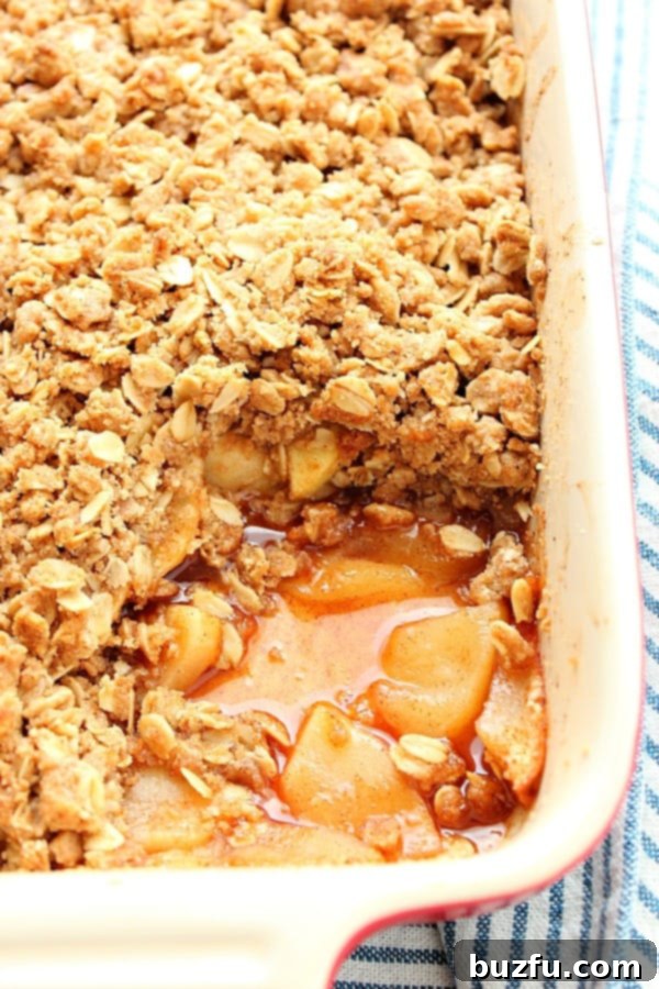 Old-Fashioned Apple Crisp in a rectangular glass baking dish, fresh from the oven with a golden-brown oat topping.