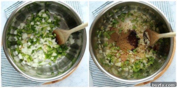 Step 1 of making Instant Pot chili mac, showing sautéed vegetables and spices.