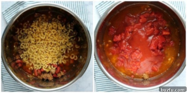 Step 2 of making Instant Pot chili mac, showing pasta, liquids, and tomatoes layered in the pot.