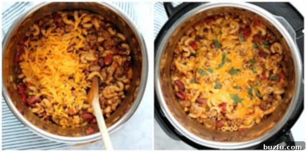 Step 3 of making Instant Pot chili mac, showing melted cheese on top after cooking.
