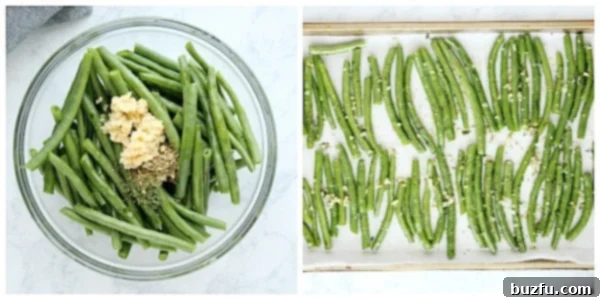 Two steps of roasting green beans: tossing with oil and spices in a bowl, and then spreading them on a baking sheet.