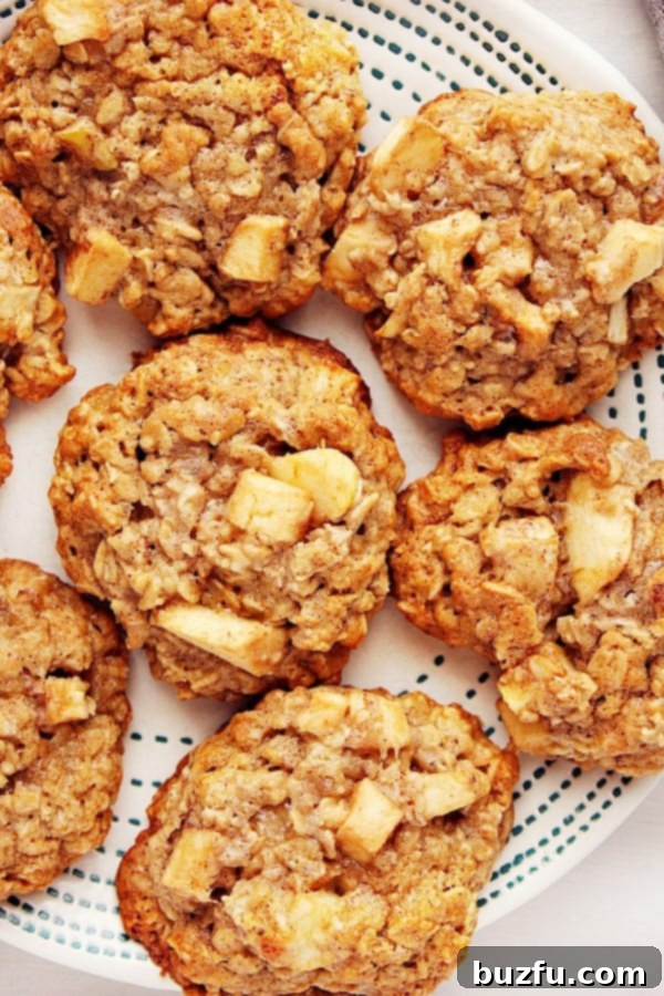 Irresistible Apple Oatmeal Cookies bursting with sweet apple chunks and aromatic fall spices. Freshly baked Apple Oatmeal Cookies on a white plate, showcasing their chunky apple bits and warm spices, ready to be enjoyed as a delightful fall treat.