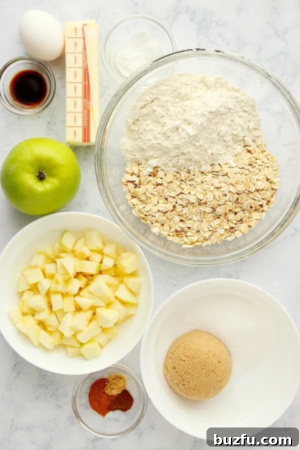 Essential ingredients needed to bake delicious apple oatmeal cookies from scratch. A collection of fresh ingredients for Apple Oatmeal Cookies, including Granny Smith apples, oats, flour, sugars, butter, egg, vanilla, and various spices, laid out on a marble board.