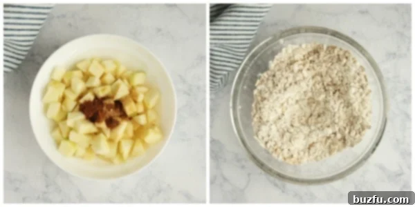 Combine dry ingredients and coat the prepared apples with spices. Step-by-step image showing chopped apples tossed with lemon juice and spices, alongside a bowl of dry ingredients (oats, flour, baking soda, baking powder, salt) for apple oatmeal cookies.