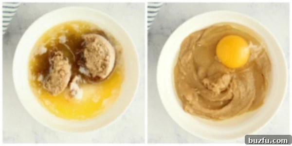 Whisk together cooled melted butter, sugars, egg, and vanilla. Step-by-step image showing the wet ingredients for apple oatmeal cookies, including melted butter, brown sugar, granulated sugar, egg, and vanilla extract, mixed in a bowl.