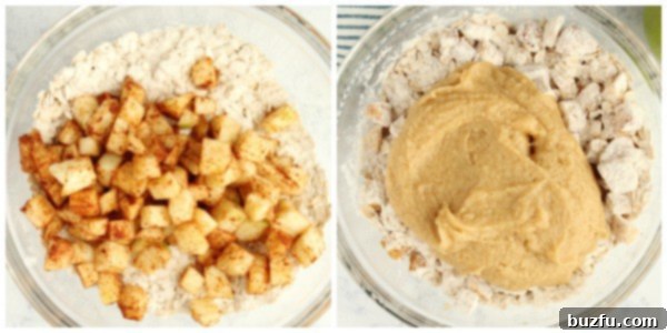 Gently fold wet and dry ingredients together to form the cookie dough. Step-by-step image demonstrating the combining of wet and dry ingredients for apple oatmeal cookies in a mixing bowl.