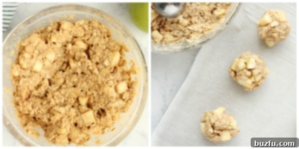 Chill the dough, then scoop into balls and bake until golden. Step-by-step image showing scooped apple oatmeal cookie dough balls placed on a baking sheet lined with parchment paper, ready for baking.