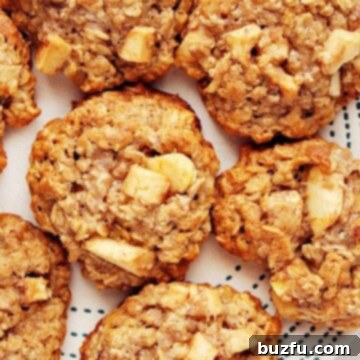 Chewy Apple Oatmeal Delights 3 A close-up of a plate of Apple Oatmeal Cookies, showing their texture and the apple pieces, ideal for a dessert.