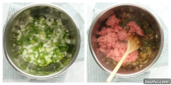Step-by-step image showing ground beef browning with chopped onions, garlic, and bell pepper in an Instant Pot, indicating the first stage of making hamburger soup.