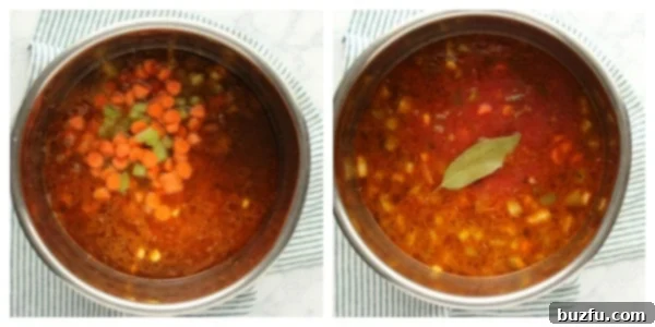 Step-by-step image showing corn, carrots, celery, tomato sauce, crushed tomatoes, and a Bay leaf added to the Instant Pot over browned beef and liquids, ready for pressure cooking.