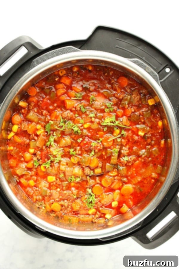 The Instant Pot lid is closed and sealed, with the display showing the pressure cooking time remaining for Hamburger Soup.