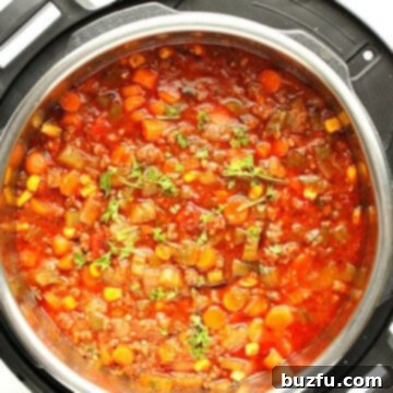 Instant Pot Hamburger Soup in a bowl, ready to be served.
