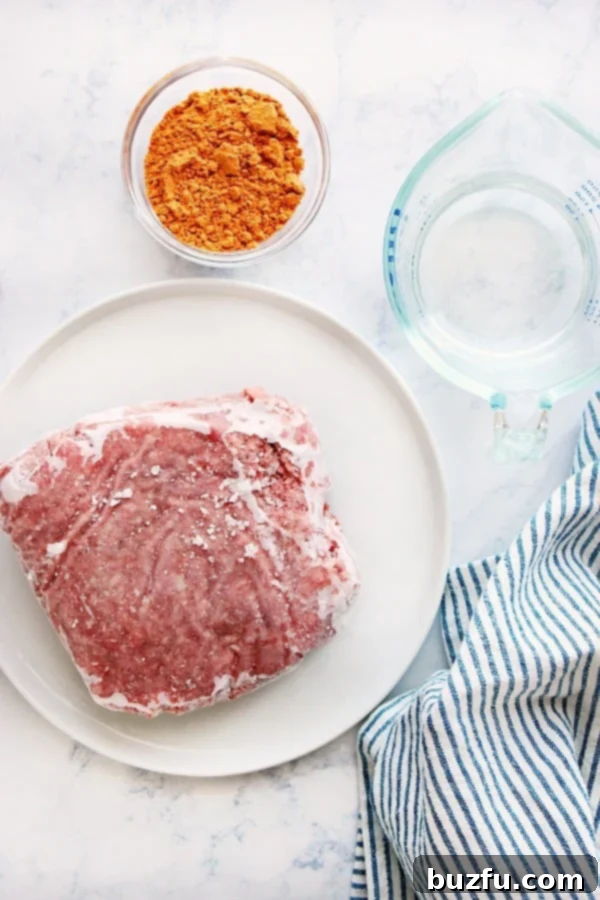 Simple ingredients for Instant Pot Taco Meat arranged on a marble board.