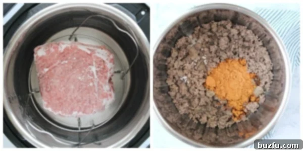 Step 1: Placing frozen ground beef on a trivet in the Instant Pot with water.