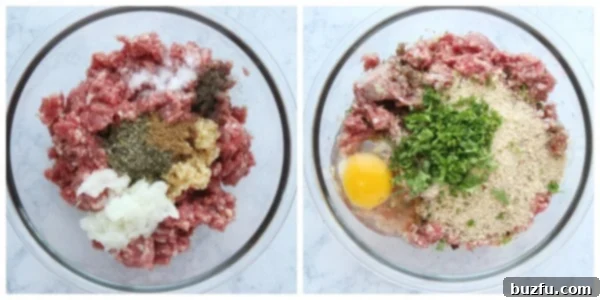 Step-by-step preparation of the Greek meatball mixture. Mixing ground meat, grated onion, minced garlic, and a variety of Greek spices in a large bowl for the initial Greek meatball mixture.