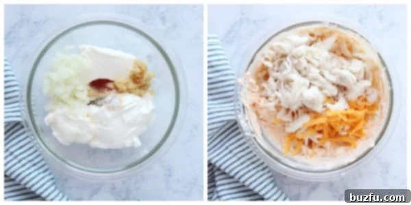 Step 1 of making crab dip, showing mixing ingredients in a bowl.