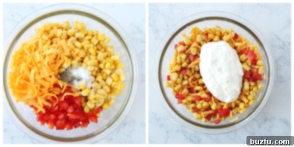 Make an easy dip with corn, pepper, cheese and mayo. A close-up shot of ingredients being mixed in a bowl to create the corn dip.