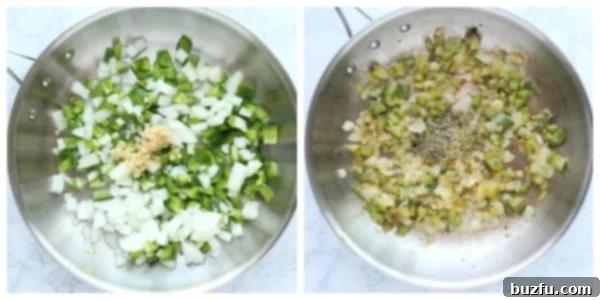 Step 1: saute veggies. Step 1 of making ground beef casserole: garlic, onion, and bell pepper are sautéing in a skillet.