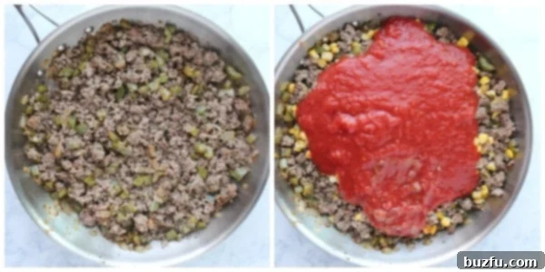 Step 2: make the meat sauce. Step 2 of making cheesy beef noodle casserole: browned ground beef and sauce ingredients simmering in a skillet.