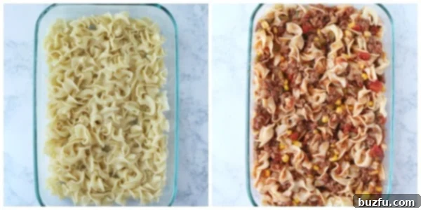 Step 3: assembly. Step 3 of making beef noodle casserole: cooked egg noodles mixed with meat sauce in a casserole dish.