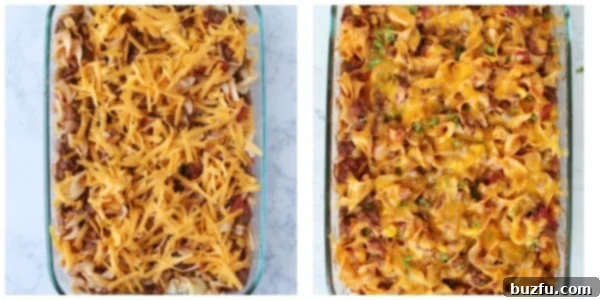 Step 4: bake the casserole. Step 4 of making cheesy beef noodle casserole: the casserole dish topped with cheese and ready for baking.