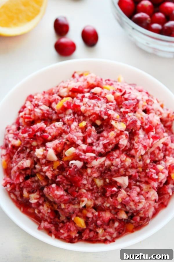 A beautifully presented bowl of homemade Cranberry Relish, garnished with fresh cranberries and orange zest, ready to be served as a Thanksgiving side dish.