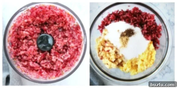 Fresh cranberries, apple, and orange being finely chopped in a food processor, the initial step in making homemade Cranberry Relish.