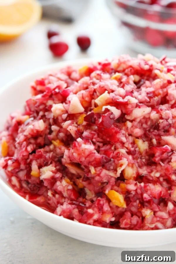A close-up view of fresh Cranberry Relish in a small white bowl, showcasing its vibrant color and chunky texture, perfect for a festive meal.