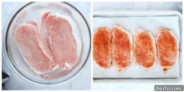 Herb-Crusted Baked Pork Chops 4 Pork chops baking on a sheet pan inside an oven, glowing golden brown.