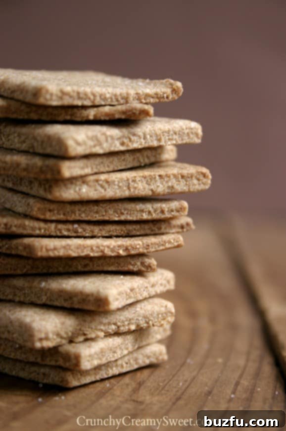 Close-up view of a towering stack of golden brown, perfectly crispy homemade Wheat Thins crackers.