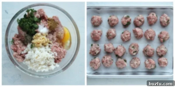 Step-by-step image showing ground meat, rice, and spices mixed in a bowl, and then rolled into small meatballs on a baking sheet.