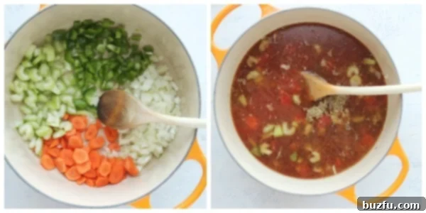 Step-by-step image showing chopped vegetables sautéing in a Dutch oven, forming the base for Albondigas soup.