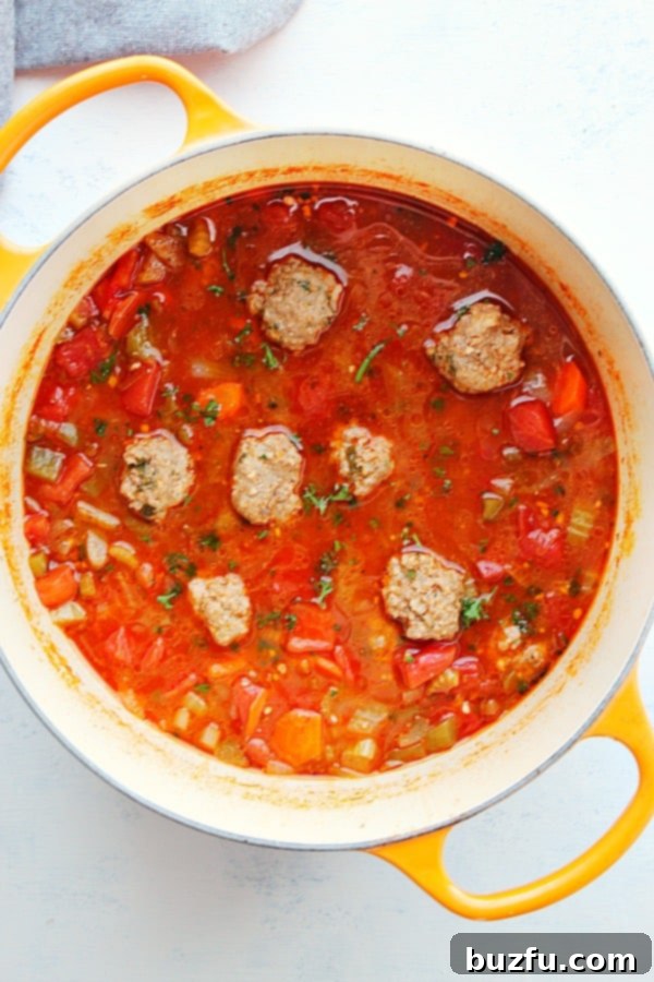 Albondigas soup simmering in a traditional Dutch oven, showcasing the rich broth and meatballs.