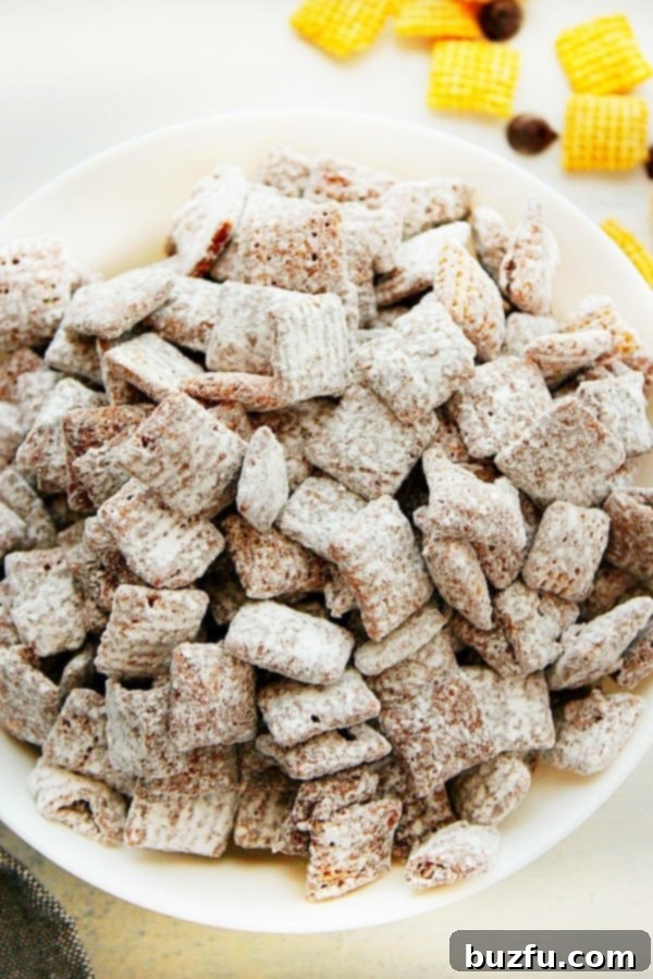 The ultimate butter-free Muddy Buddies, a classic holiday treat for all to enjoy! A crisp white bowl overflowing with freshly made Muddy Buddies, showcasing the light, even coating of powdered sugar over chocolate-drizzled Chex cereal pieces. The vibrant contrast is perfect for a festive occasion.