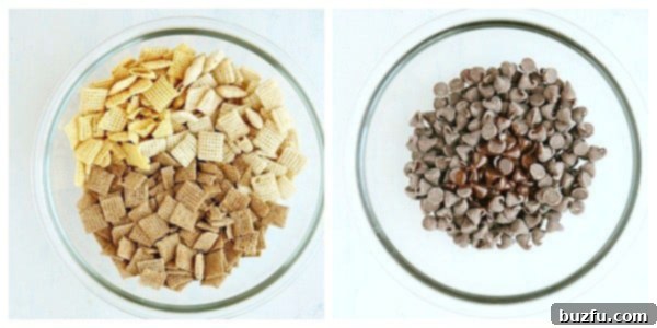 Combine cereals in a bowl and melt chocolate with oil until smooth for the perfect base. The first crucial step in preparing Muddy Buddies: neatly combining various Chex cereals in a large mixing bowl, alongside a separate bowl where chocolate chips are melting smoothly with oil.