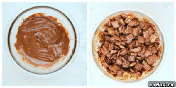 Stir melted chocolate until smooth and then pour over Chex cereal, ensuring every piece is evenly coated. The second step in making delicious Muddy Buddies: a close-up of melted chocolate being poured generously over a bowl of Chex cereal, followed by a gentle stirring process to ensure uniform coating of every piece.