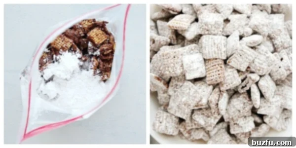 Add powdered sugar to the coated cereal in a bag and shake vigorously for that classic Muddy Buddies finish. The final and iconic step for creating delectable Muddy Buddies, also known as Puppy Chow: a clear ziploc bag filled with chocolate-coated Chex cereal, receiving a generous addition of powdered sugar before being vigorously shaken to achieve its classic dusty finish.
