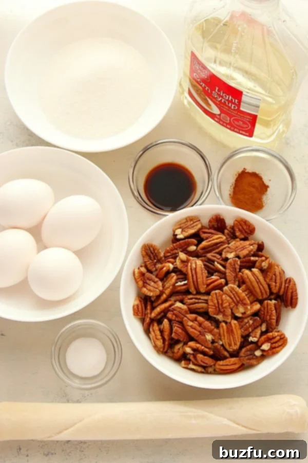 Discover the simple ingredients needed to create a mouthwatering Pecan Pie from scratch. All the essential ingredients for a delicious Pecan Pie, neatly arranged on a white cutting board, including pecans, eggs, sugar, butter, and spices.