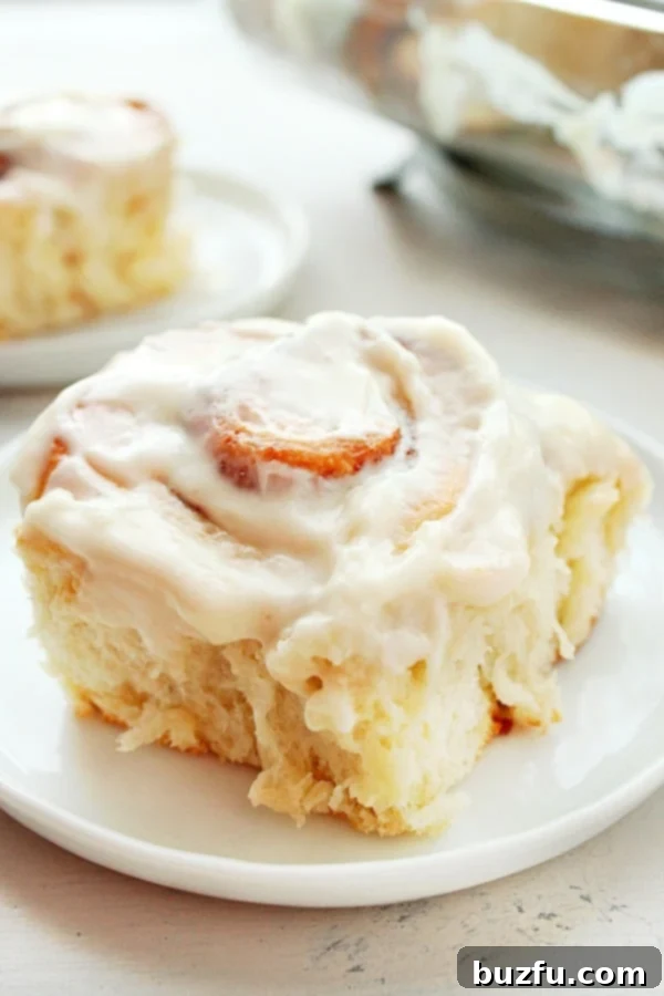 How to make the best Cinnamon Rolls from scratch. A single beautifully frosted cinnamon roll with cream cheese frosting on a white plate.