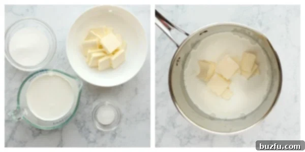Heat up ingredients for cinnamon roll dough. A saucepan on the stove with milk, sugar, salt, and butter being gently heated.