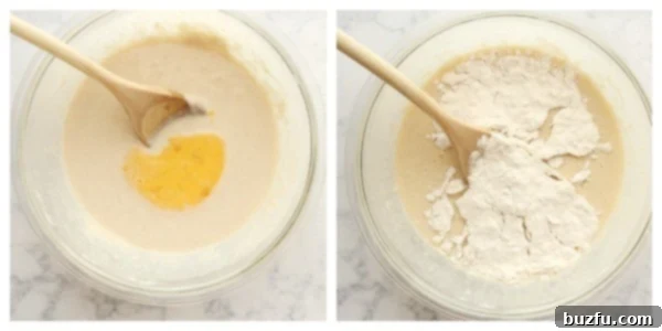 Add egg and milk mixture to the flour base. A mixing bowl with the dough mixture and a beaten egg being added.