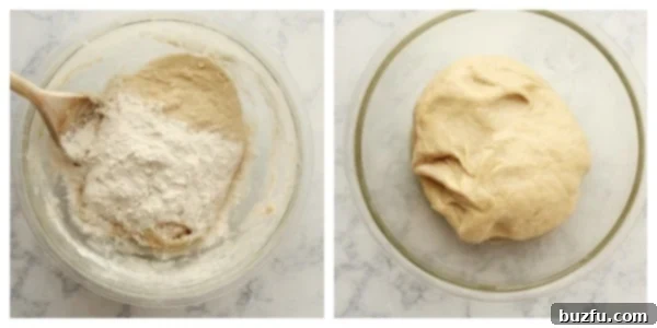 Stir in the remaining flour to form the dough. A mixing bowl where more flour is being stirred into the developing dough.