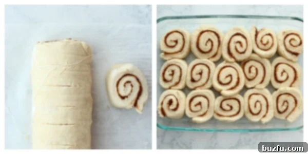 Cut the dough into rolls using dental floss. Cinnamon roll dough being cut cleanly with a piece of dental floss.
