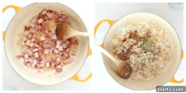 Hearty Ham and Potato Chowder 2 Aromatic onions, garlic, and herbs being sautéed in a large Dutch oven, forming the flavor base for Potato Ham Chowder.